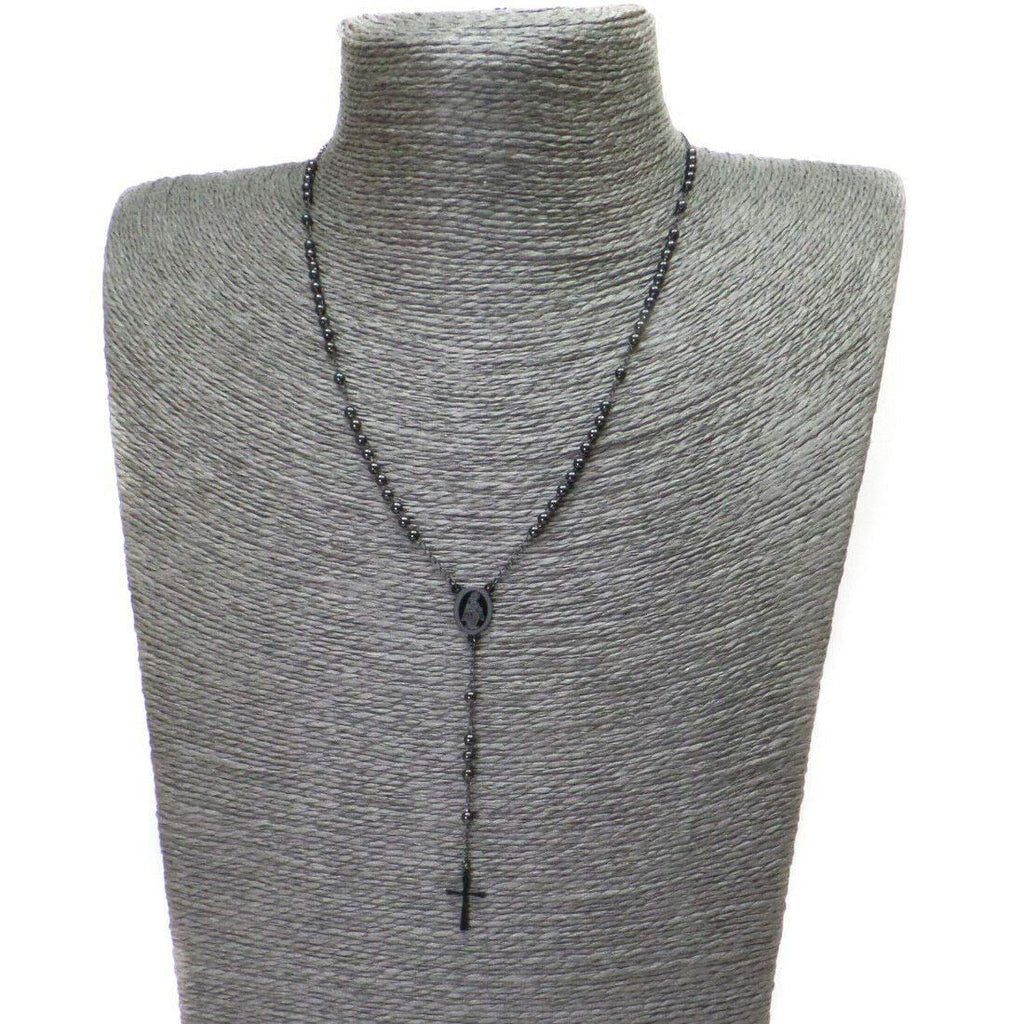 Habibi Jewels Collana Rosario in Acciaio da Uomo Donna Nera Grani Perline Medaglietta Madonnina e Ciondolo Croce Idea Regalo Compleanno Laurea Onomastico Comunione