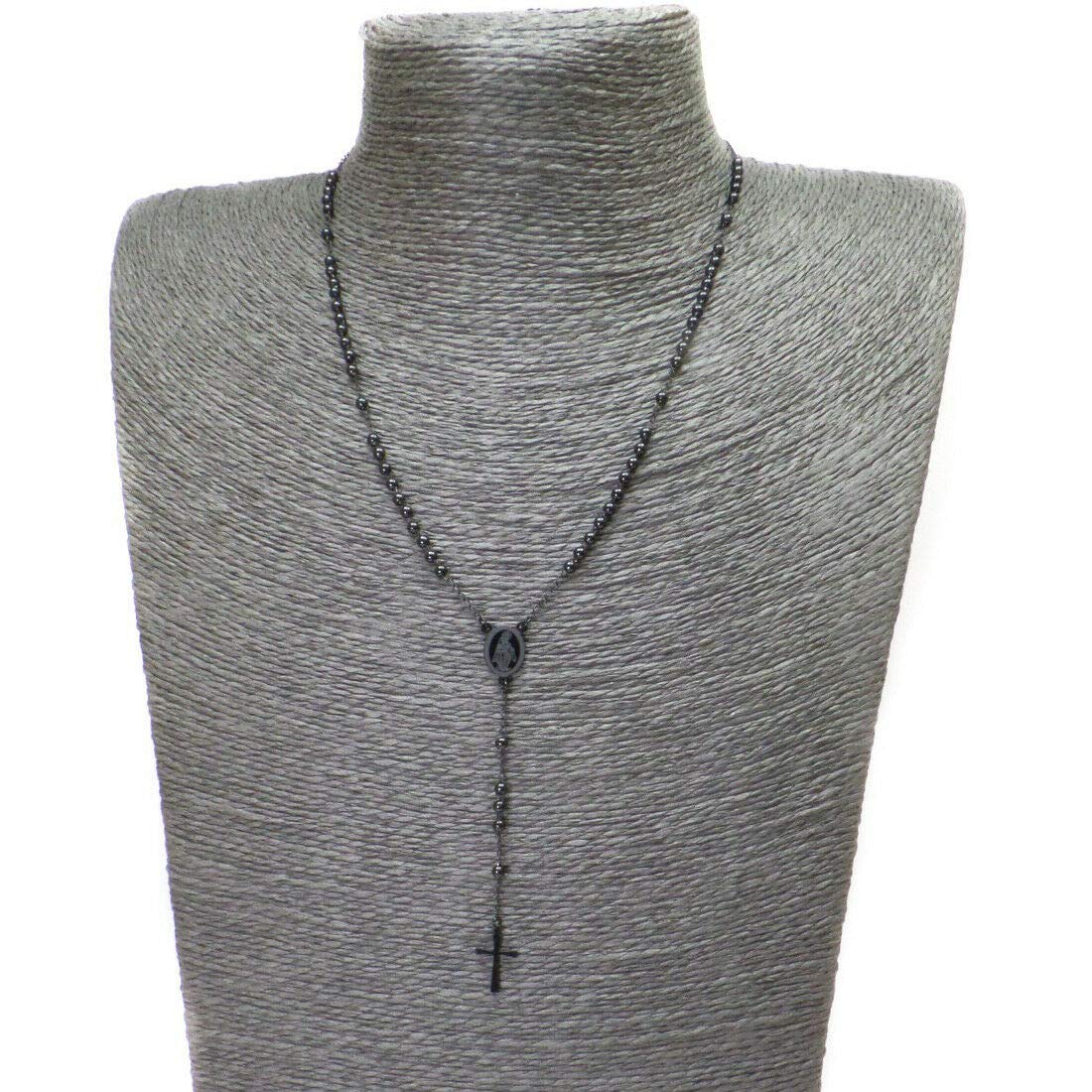 Habibi Jewels Collana Rosario in Acciaio da Uomo Donna Nera Grani Perline Medaglietta Madonnina e Ciondolo Croce Idea Regalo Compleanno Laurea Onomastico Comunione