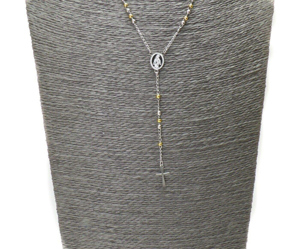 Habibi Jewels Collana Rosario in Acciaio da Uomo Donna color Acciaio e Oro Giallo Grani Perline Medaglietta Madonnina e Ciondolo Croce Idea Regalo Compleanno Laurea Onomastico Comunione