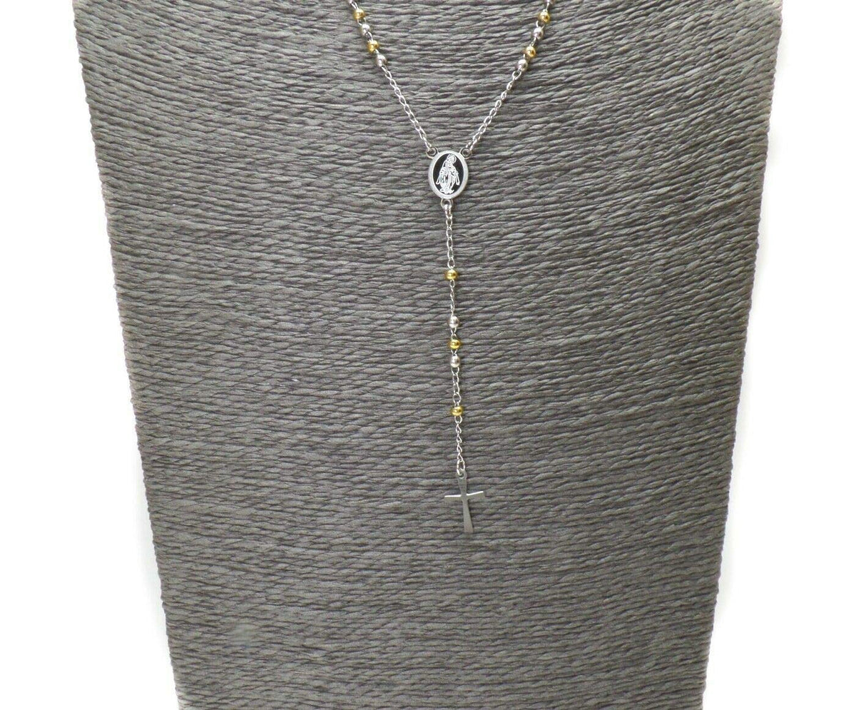 Habibi Jewels Collana Rosario in Acciaio da Uomo Donna color Acciaio e Oro Giallo Grani Perline Medaglietta Madonnina e Ciondolo Croce Idea Regalo Compleanno Laurea Onomastico Comunione