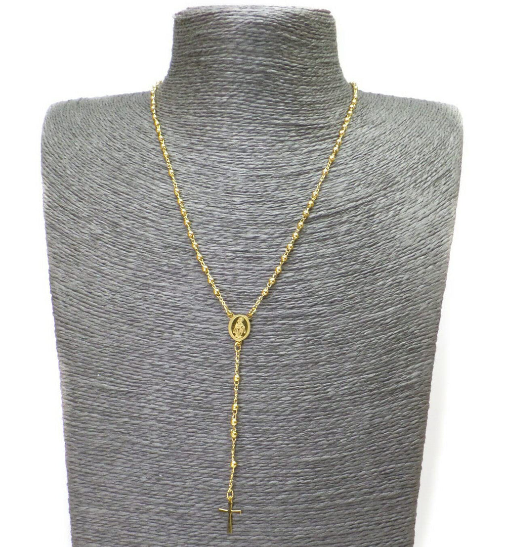 Habibi Jewels Collana Rosario in Acciaio da Uomo Donna Gold Grani Perline Medaglietta Madonnina e Ciondolo Croce Idea Regalo Compleanno Laurea Onomastico Comunione