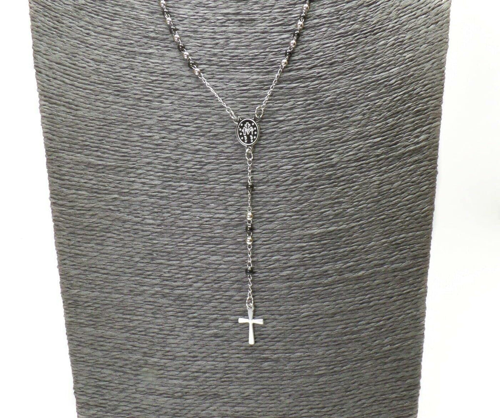 Habibi Jewels Collana Rosario in Acciaio da Uomo Donna Silver e Nero Grani Perline Medaglietta Madonnina e Ciondolo Croce Idea Regalo Compleanno Laurea Onomastico Comunione
