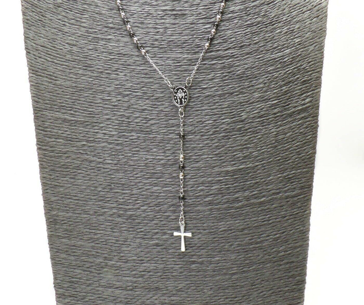 Habibi Jewels Collana Rosario in Acciaio da Uomo Donna Silver e Nero Grani Perline Medaglietta Madonnina e Ciondolo Croce Idea Regalo Compleanno Laurea Onomastico Comunione