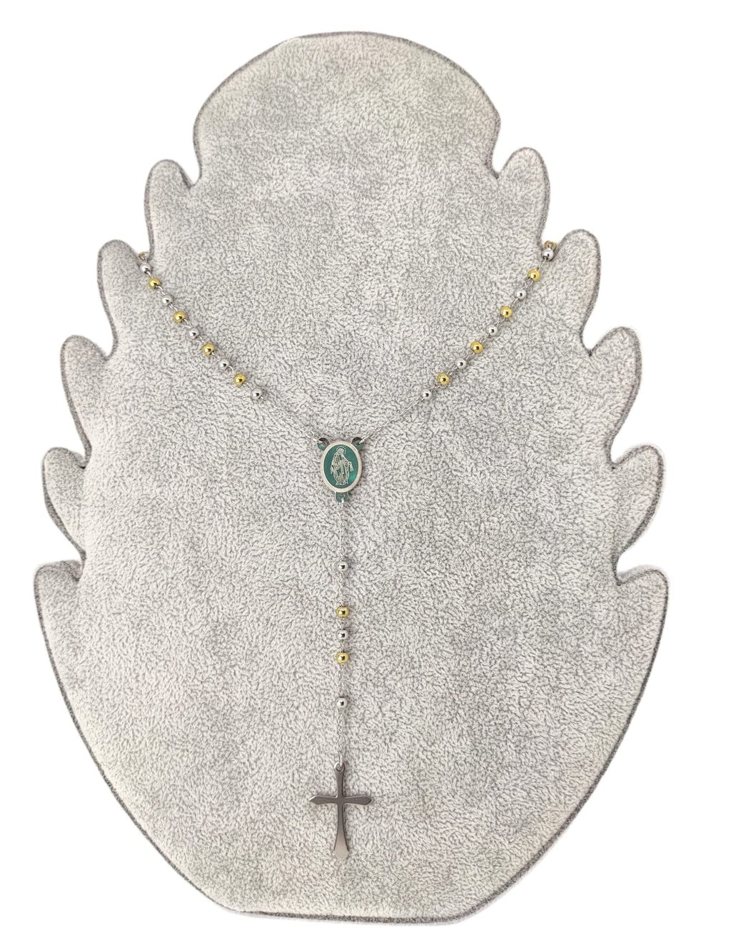 Habibi Jewels Collana Rosario in Acciaio da Uomo Donna Silver e Gold Grani Perline 4 mm Dorata Medaglietta Madonnina e Ciondolo Croce Idea Regalo Compleanno Laurea Onomastico Comunione