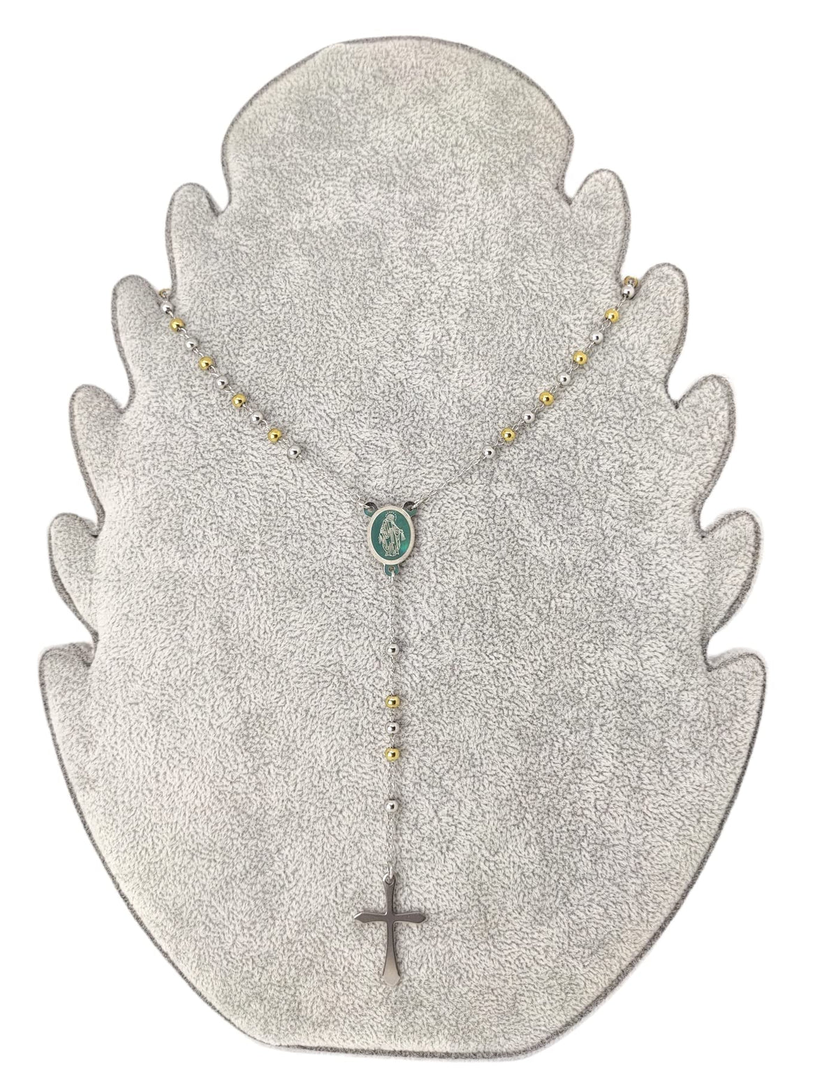 Habibi Jewels Collana Rosario in Acciaio da Uomo Donna Silver e Gold Grani Perline 4 mm Dorata Medaglietta Madonnina e Ciondolo Croce Idea Regalo Compleanno Laurea Onomastico Comunione