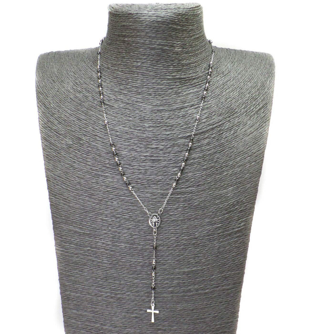 Habibi Jewels Collana Rosario in Acciaio da Uomo Donna Silver e Nero Grani Perline Medaglietta Madonnina e Ciondolo Croce Idea Regalo Compleanno Laurea Onomastico Comunione
