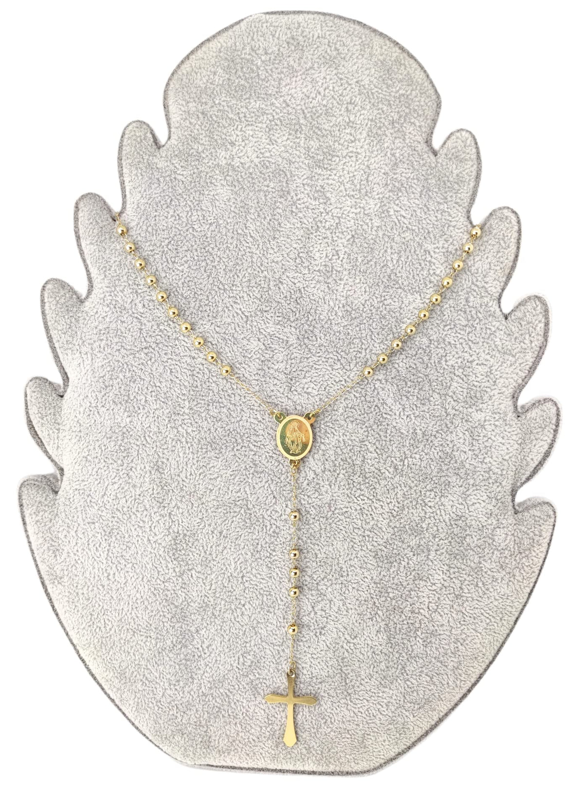 Habibi Jewels Collana Rosario in Acciaio da Uomo Donna Oro Giallo Dorata Grani Perline 4 mm Dorata Medaglietta Madonnina e Ciondolo Croce Idea Regalo Compleanno Laurea Onomastico Comunione