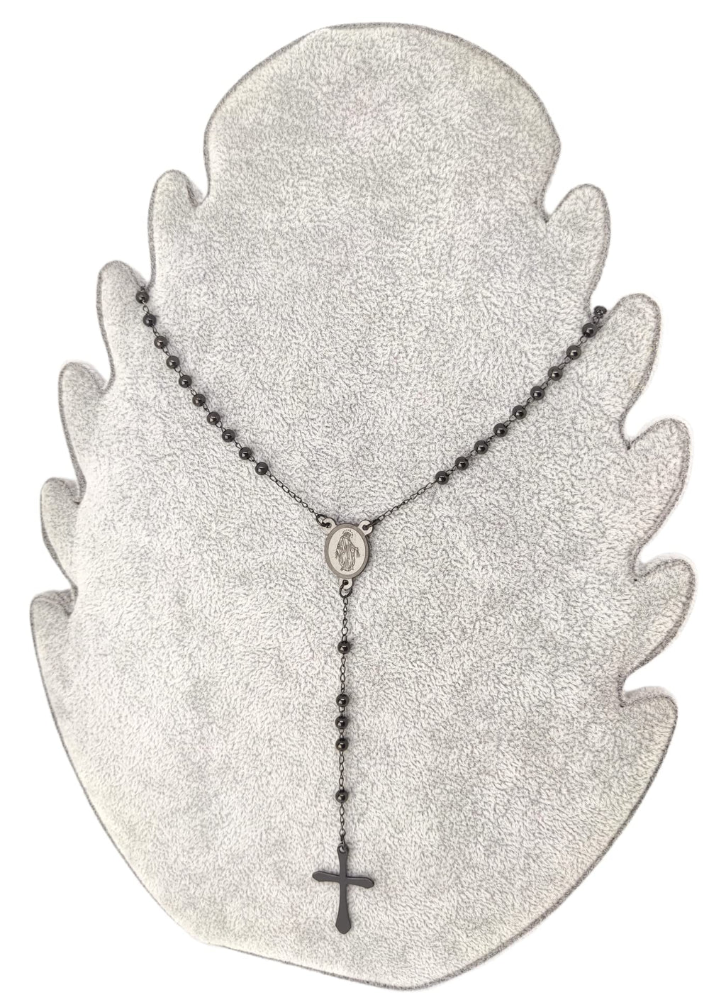 Habibi Jewels Collana Rosario in Acciaio da Uomo Donna Nera Grani Perline 4 mm Medaglietta Madonnina e Ciondolo Croce Idea Regalo Compleanno Laurea Onomastico Comunione