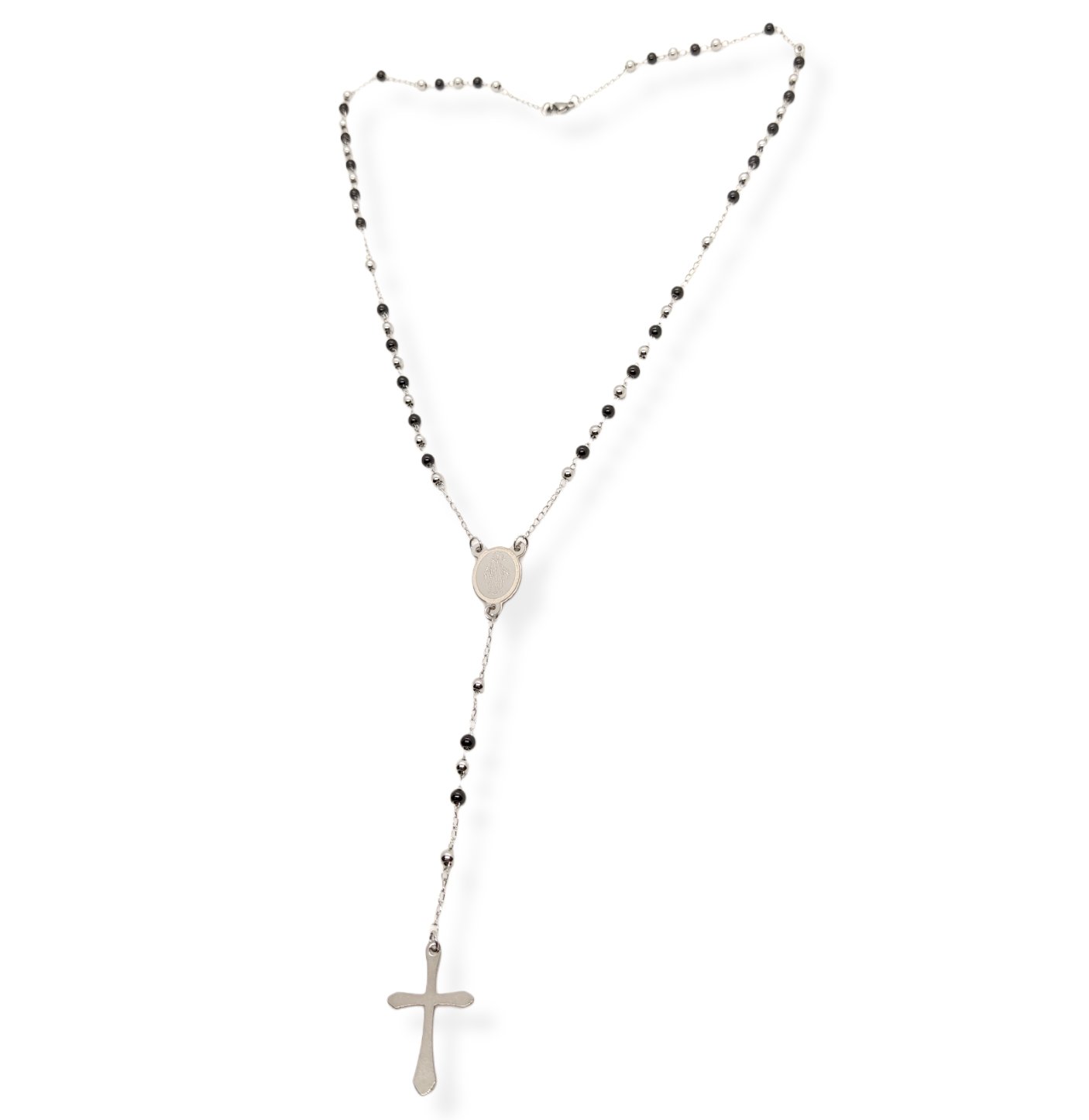 Collana Rosario in Acciaio da Uomo Donna Silver e Nero con grani perline 4 mm, medaglietta Madonnina e ciondolo forma di Croce